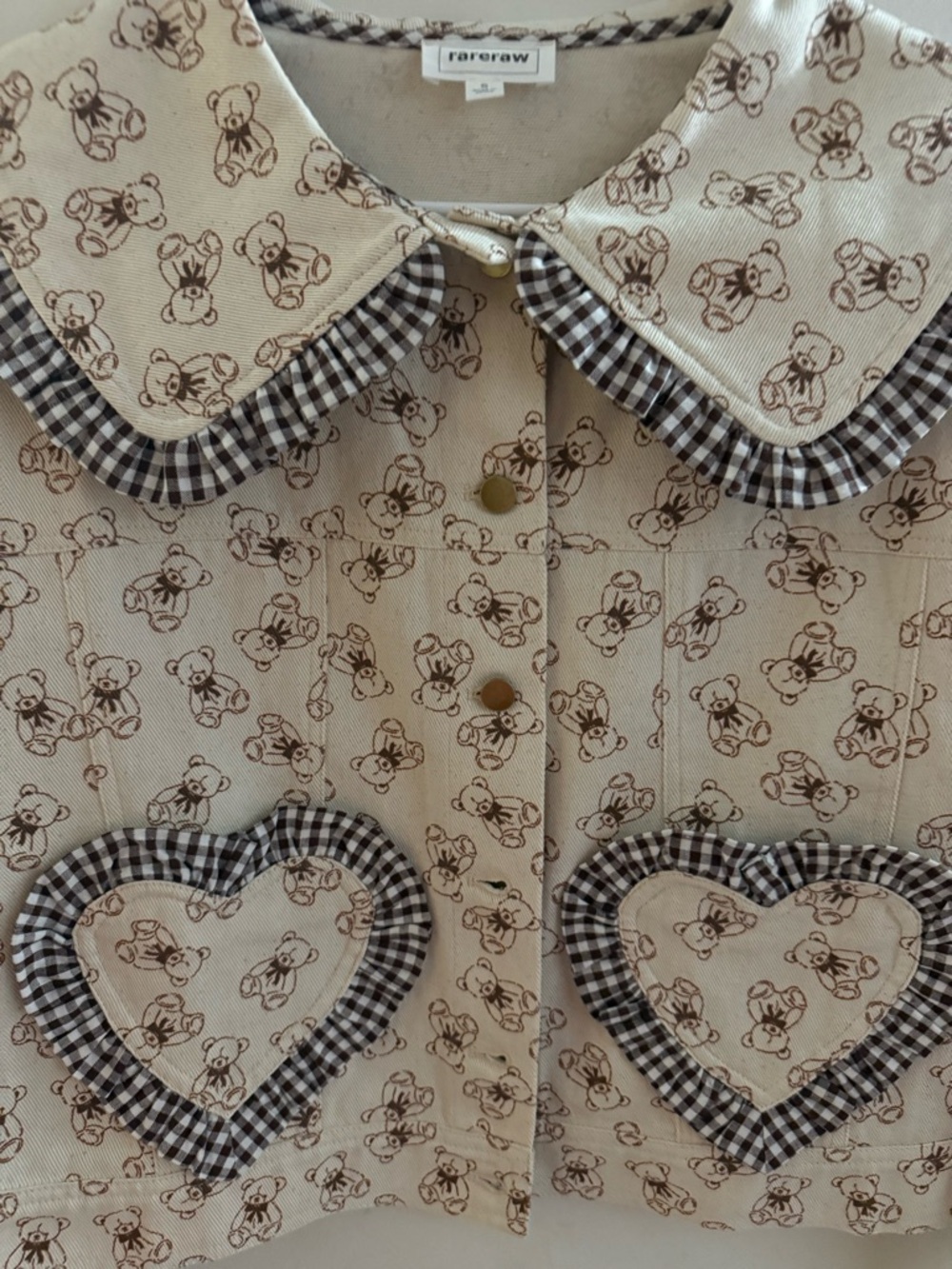 Rare raw Cream Teddy-Print Heart Pocket Jean Jacket - Picture 3 of 7